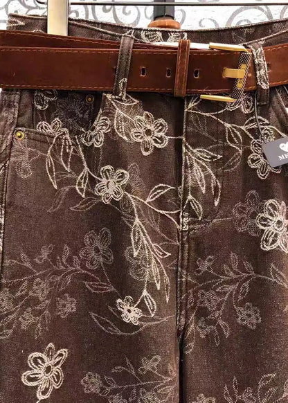 French Brown Print Denim Wide Leg Pants Fall