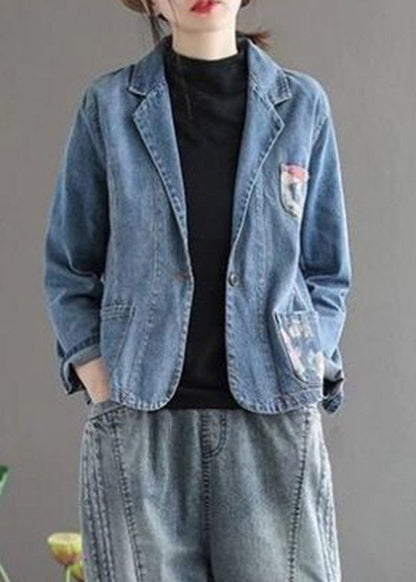 Blue Peter Pan Collar Print Button Denim Coats Spring