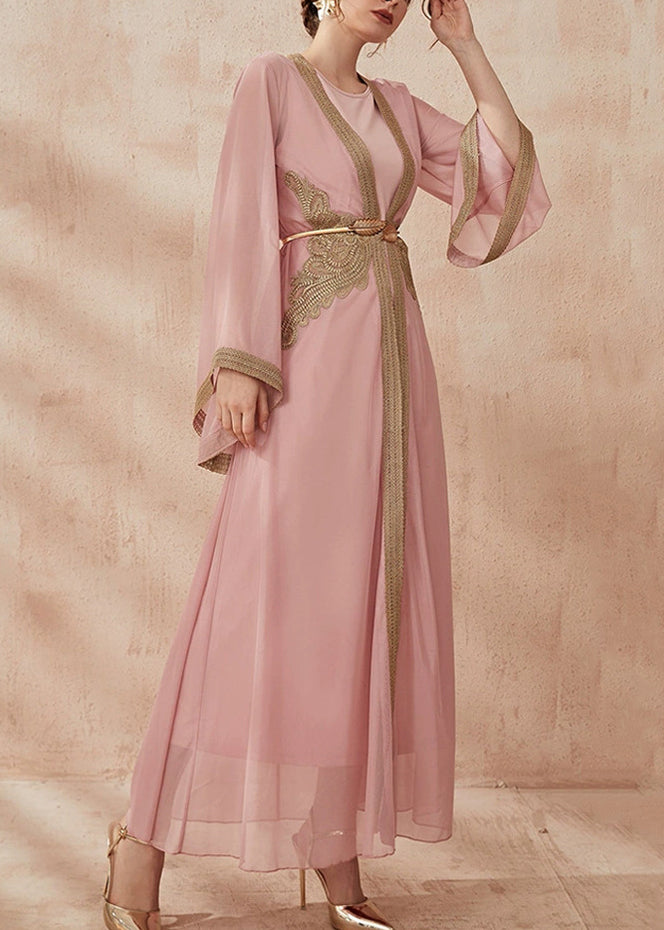 New Pink Tie Waist Chiffon Two Pieces Set Flare Sleeve