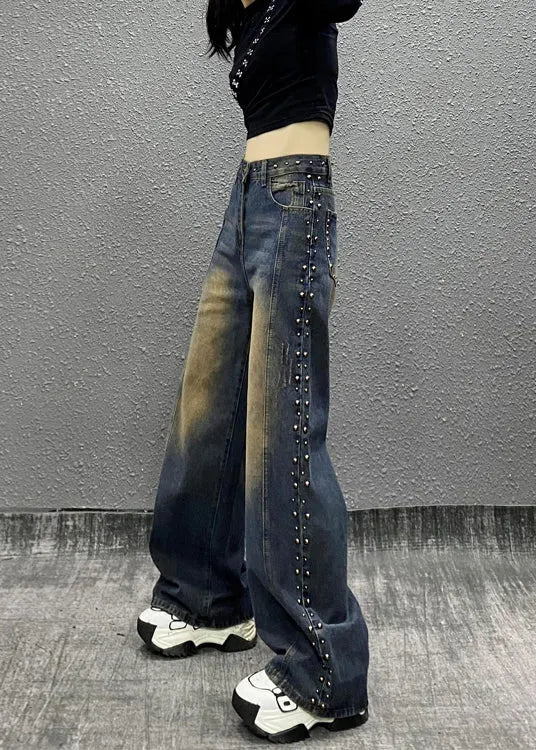 Blue Pockets Rivet High Waist Denim Wide Leg Pants Fall