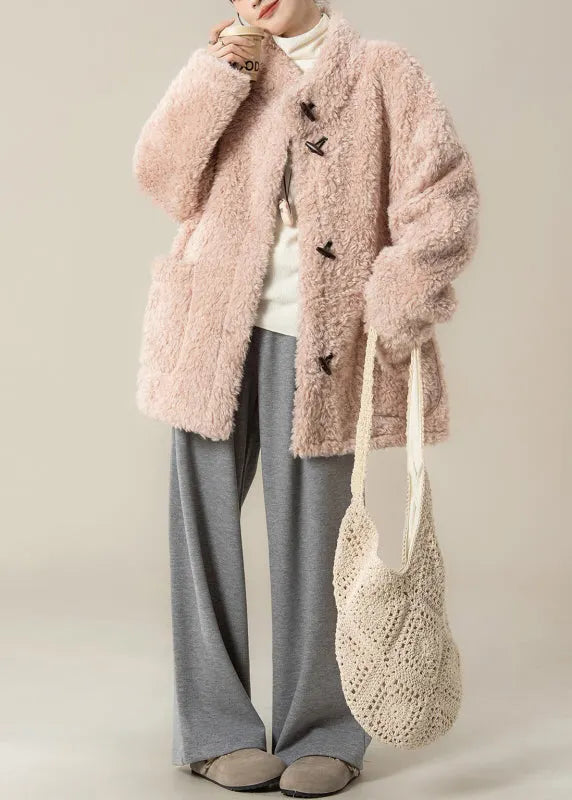 New Pink Faux Fur Coat and Grey Wide Leg Pants Set Winter
