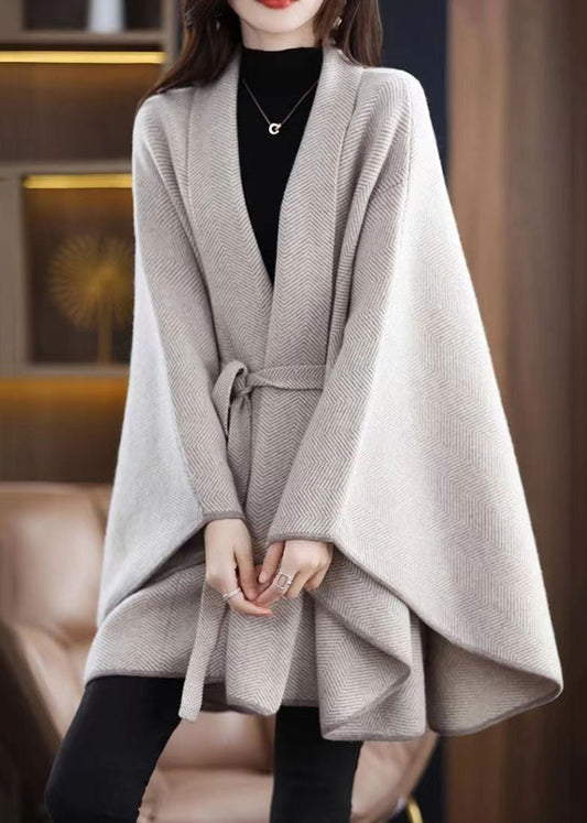 V Neck Tie Waist Patchwork Knit Loose Cardigans Cloak Sleeves