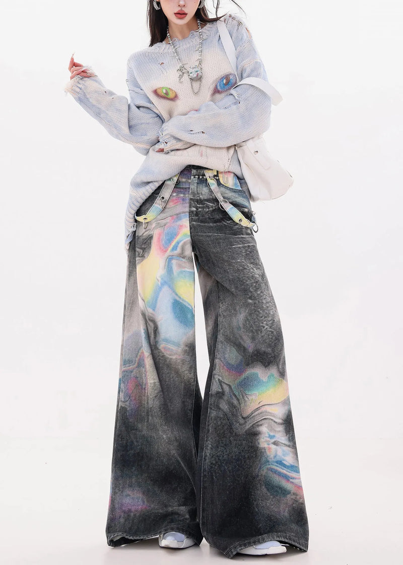 Black Oversized Tie Dye Denim Wide Leg Pants Fall