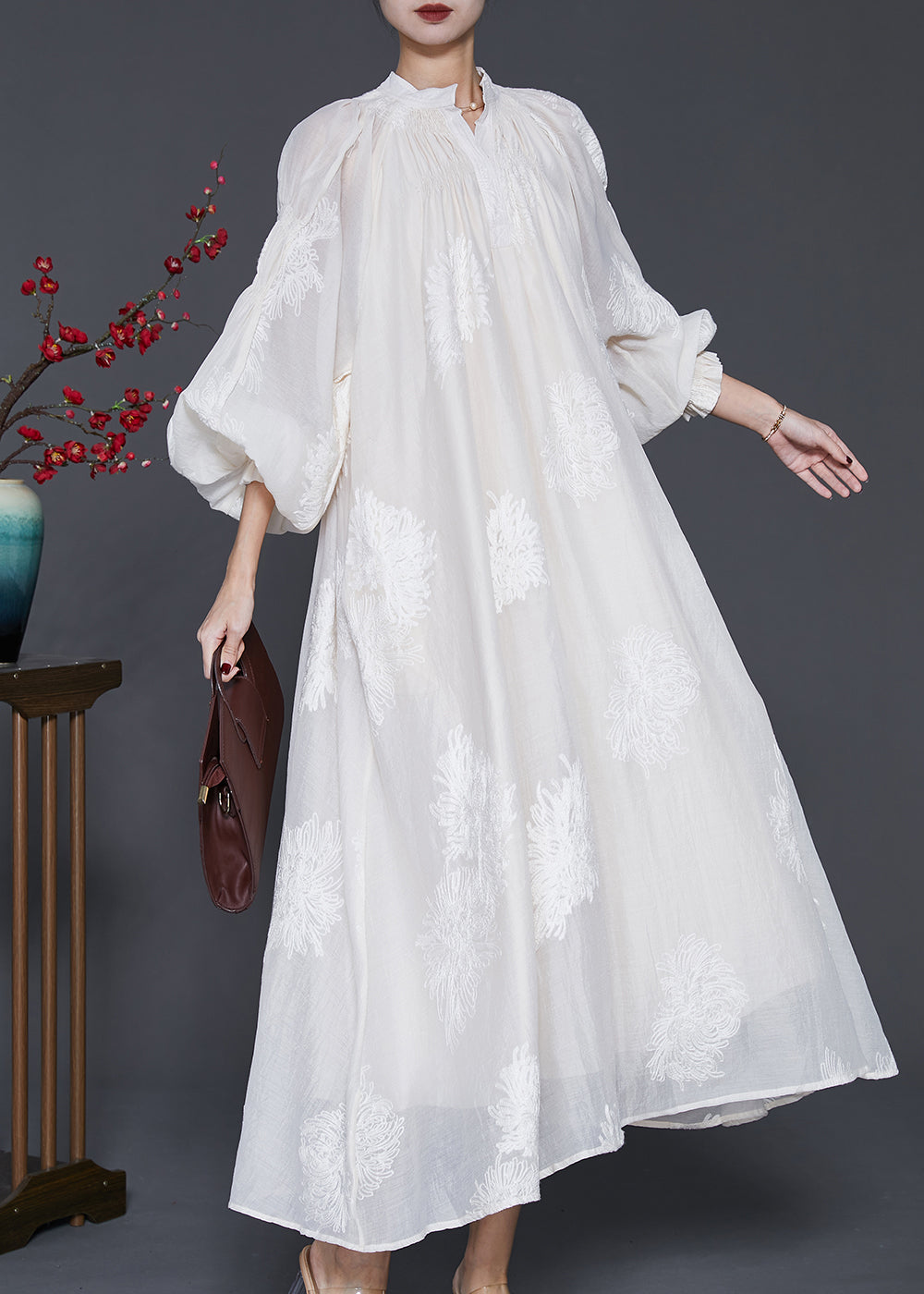 White Embroidered Silk Maxi Dress Lantern Sleeve