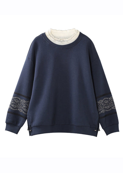 Loose Navy Blue O-neck Lace Patchwork Bright Silk Sweatshirts Long Sleeve