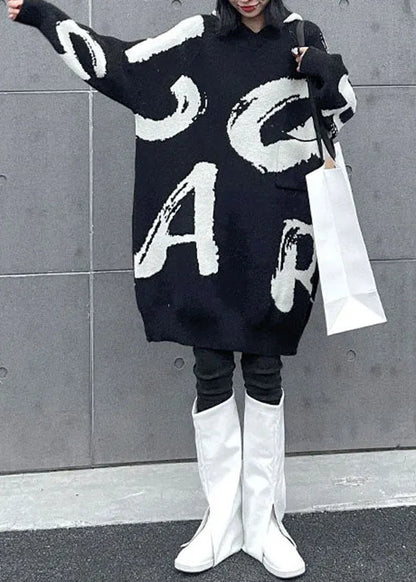 Black Hooded Print Knit Sweater Dress Spring