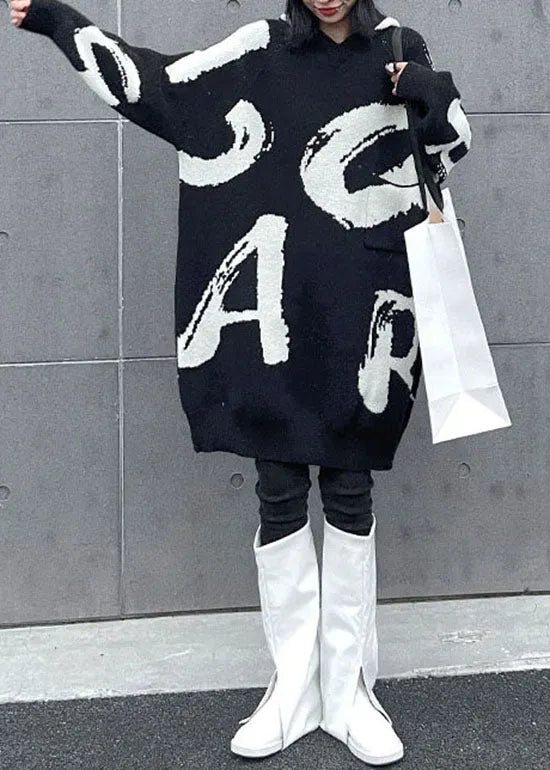 Black Hooded Print Knit Sweater Dress Spring