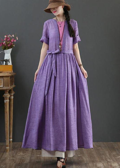 Loose Purple Patchwork Bow Summer Linen Dress