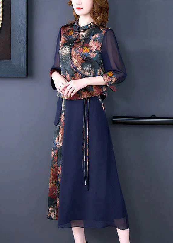 Modern Blue Patchwork Print Silk Tops and Skirts Outfits Summer