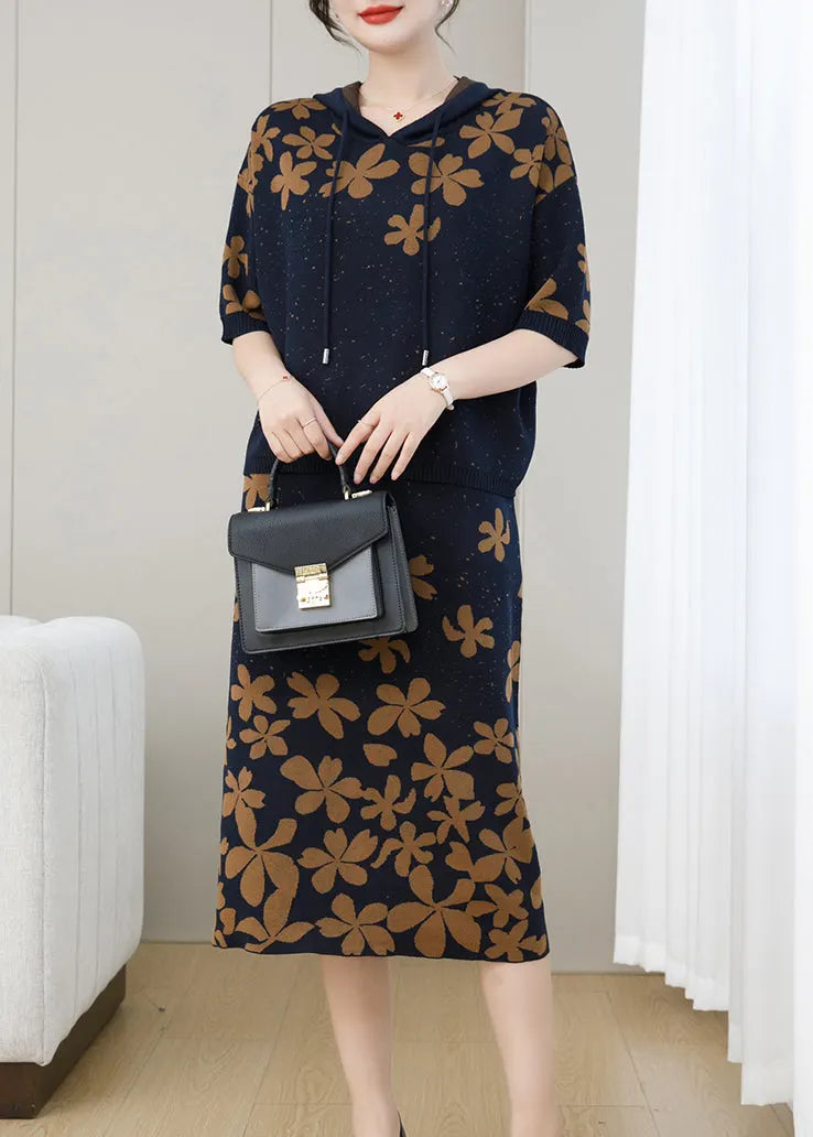 Coffee Jacquard Hooded Patchwork Knit Two Pieces Set Fall