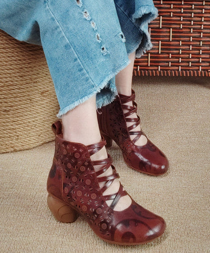 Brown Zippered Hollow Out Cowhide Leather Chunky Boots