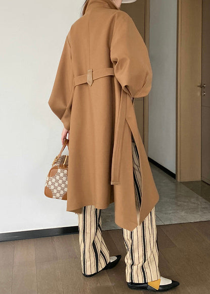 Khaki Button Tie Waist Patchwork Woolen Trench Coats Lantern Sleeve