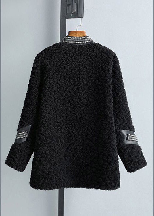 Black V Neck Patchwork Sashes Faux Fur Coat Winter