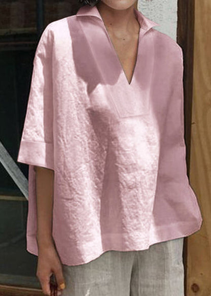 Pink V Neck Cotton Shirt Summer