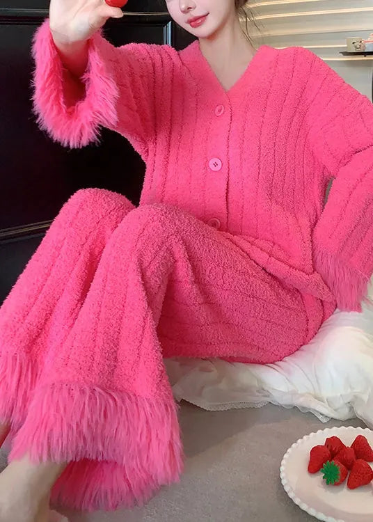 Warm Rose V Neck Button Fluffy Pajamas Two Pieces Set Winter