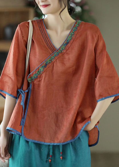 Handmade Caramel V Neck Embroideried Tie Waist Linen Top Half Sleeve