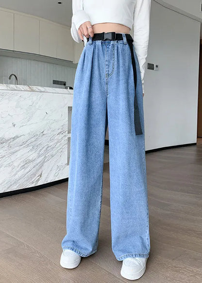 Blue Original Design Elastic Waist Pockets Cotton Denim Wide Leg Pants Summer