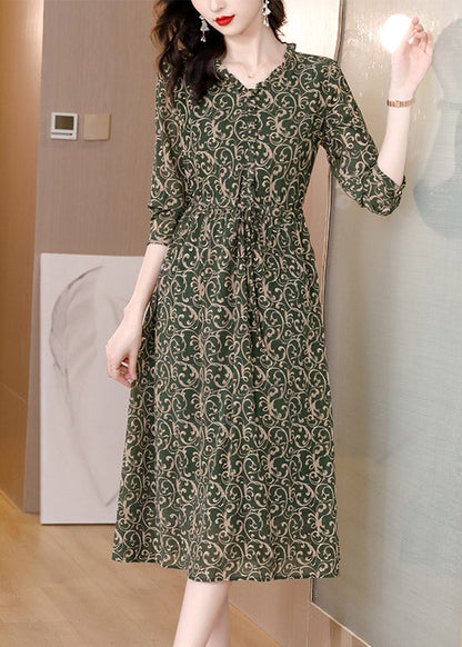 V Neck Print Drawstring Tie Waist Chiffon Maxi Dress Long Sleeve