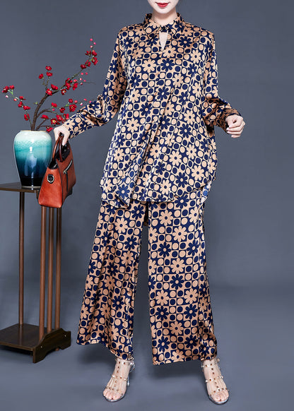 Khaki Stand Collar Print Silk Tops and Pants Two Pieces Set Summer