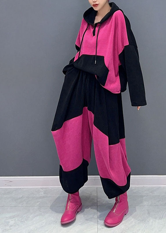 Pink Drawstring Patchwork Velour Hooded Top and Pants Two Pieces Set Fall