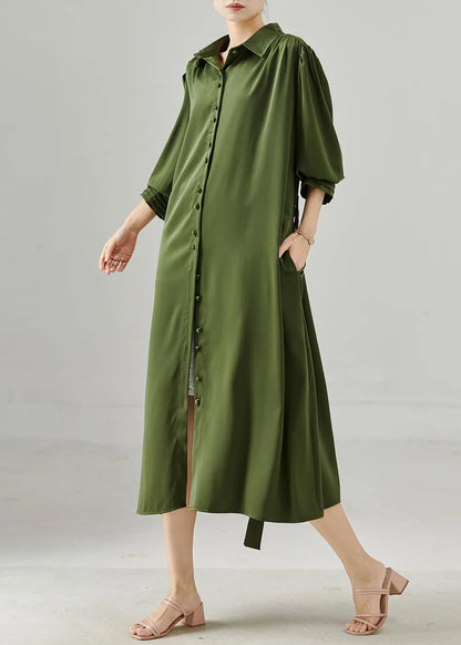 Modern Army Green Tie Waist Chiffon Dress Fall