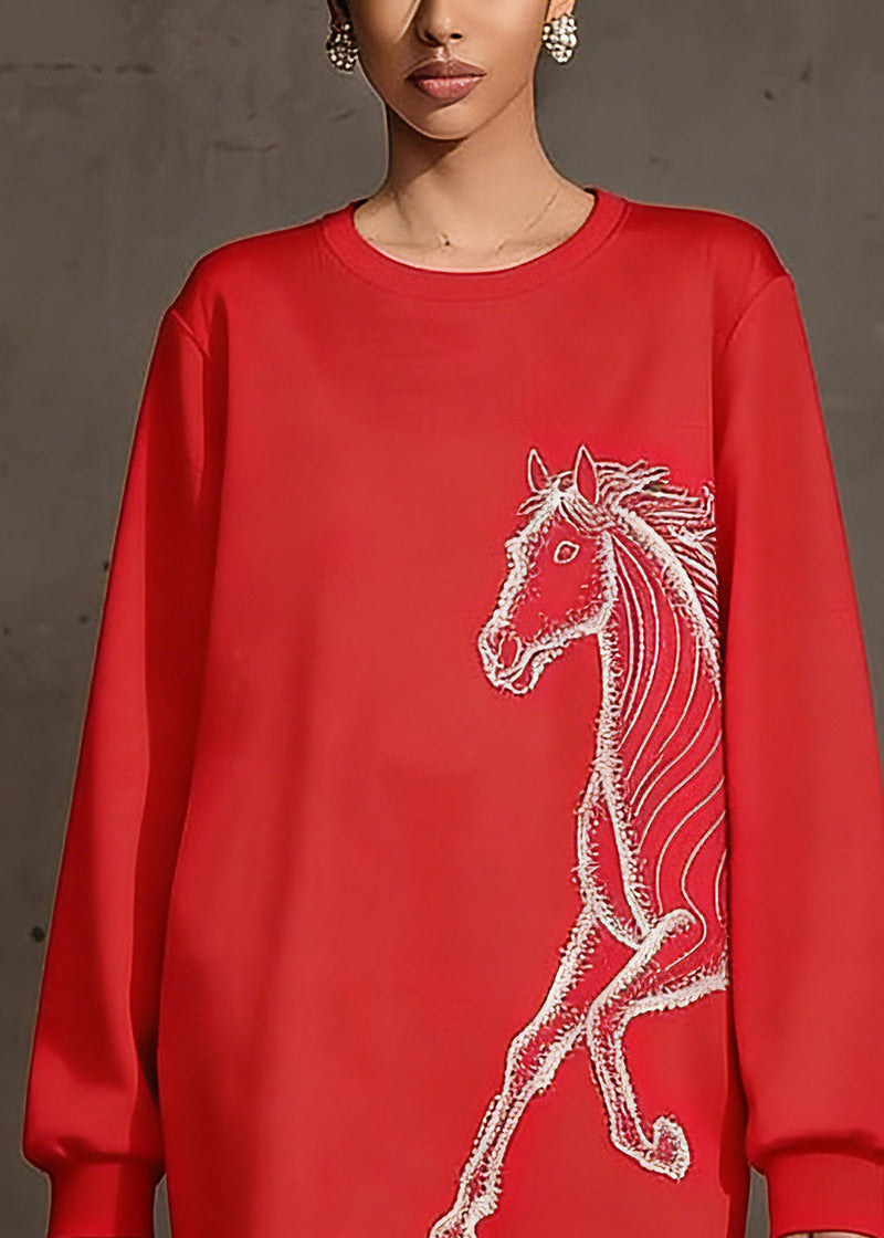 Organic Red O-neck Horse Zircon Pullover Spring