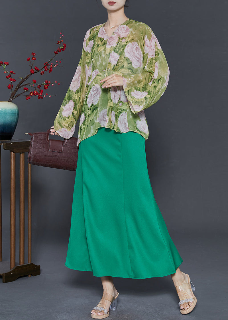Organic Green Oversized Print Chiffon Sets 2 Pieces Fall