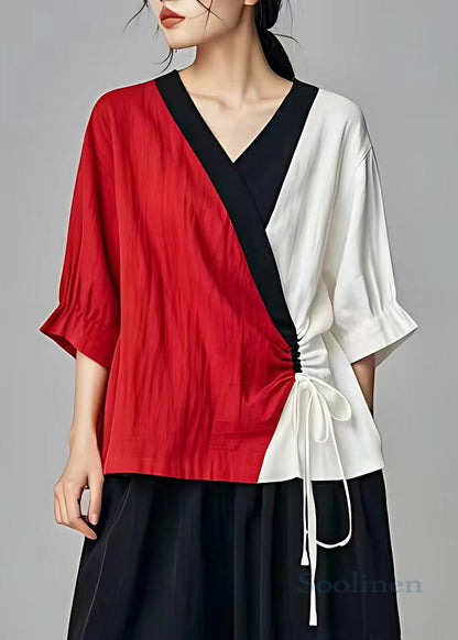Art Red V Neck Lace Up Linen Top Half Sleeve
