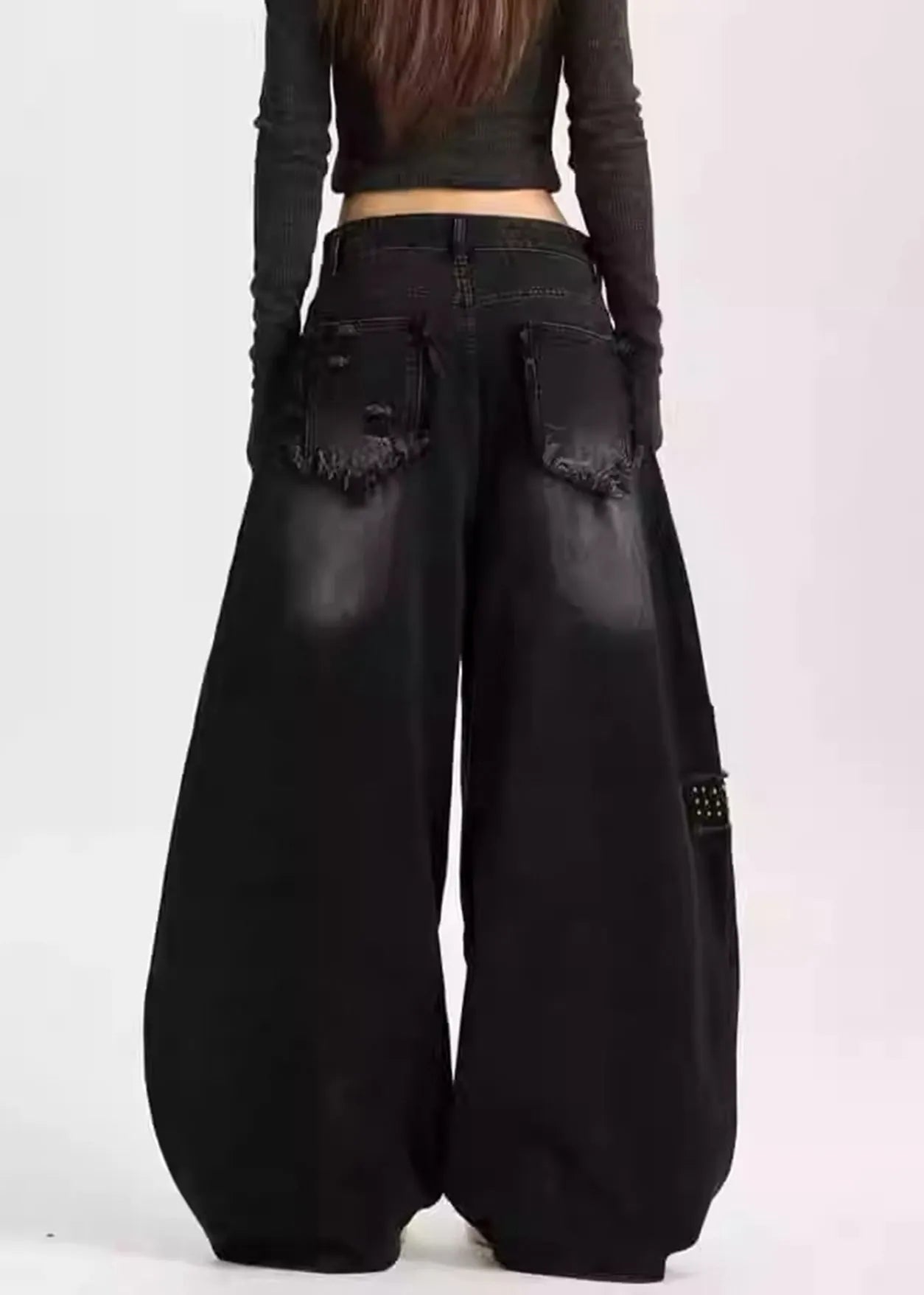 Black Loose Warm Fleece Denim Wide Leg Pants Letter Rivet Winter