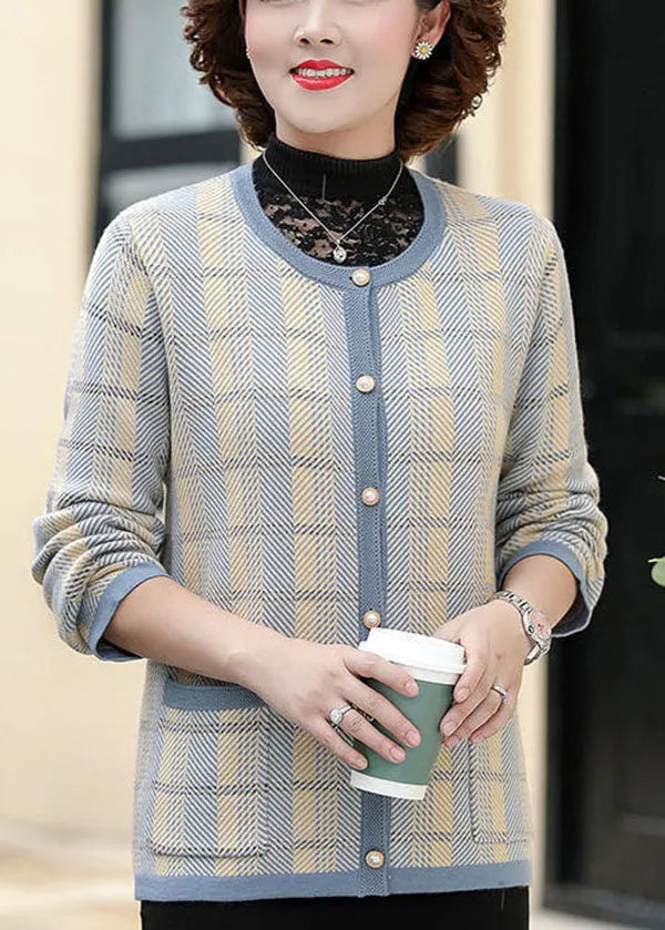 Blue Plaid Knit Coats O-neck Pockets Long Sleeve