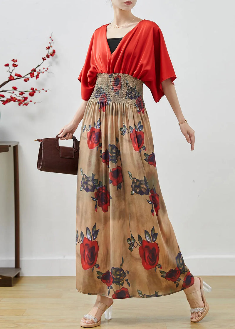 Red Elastic Waist Patchwork Chiffon Dress Summer