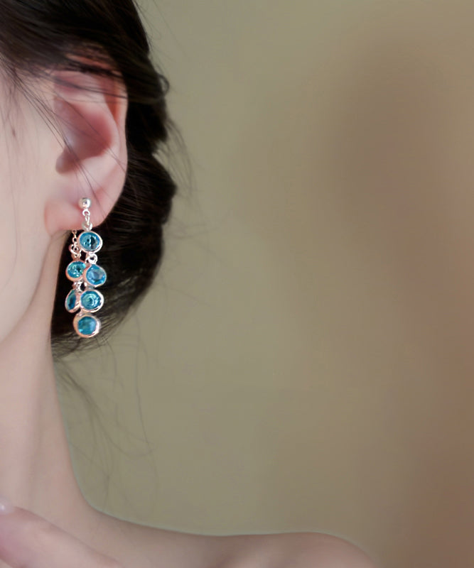 Blue Copper Crystal Bunch of Grapes Tassel Drop Earrings