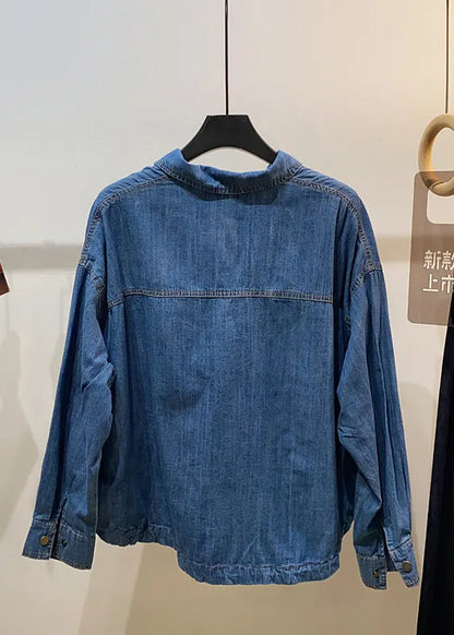 Classy Navy Oversized Pockets Denim Coats Summer