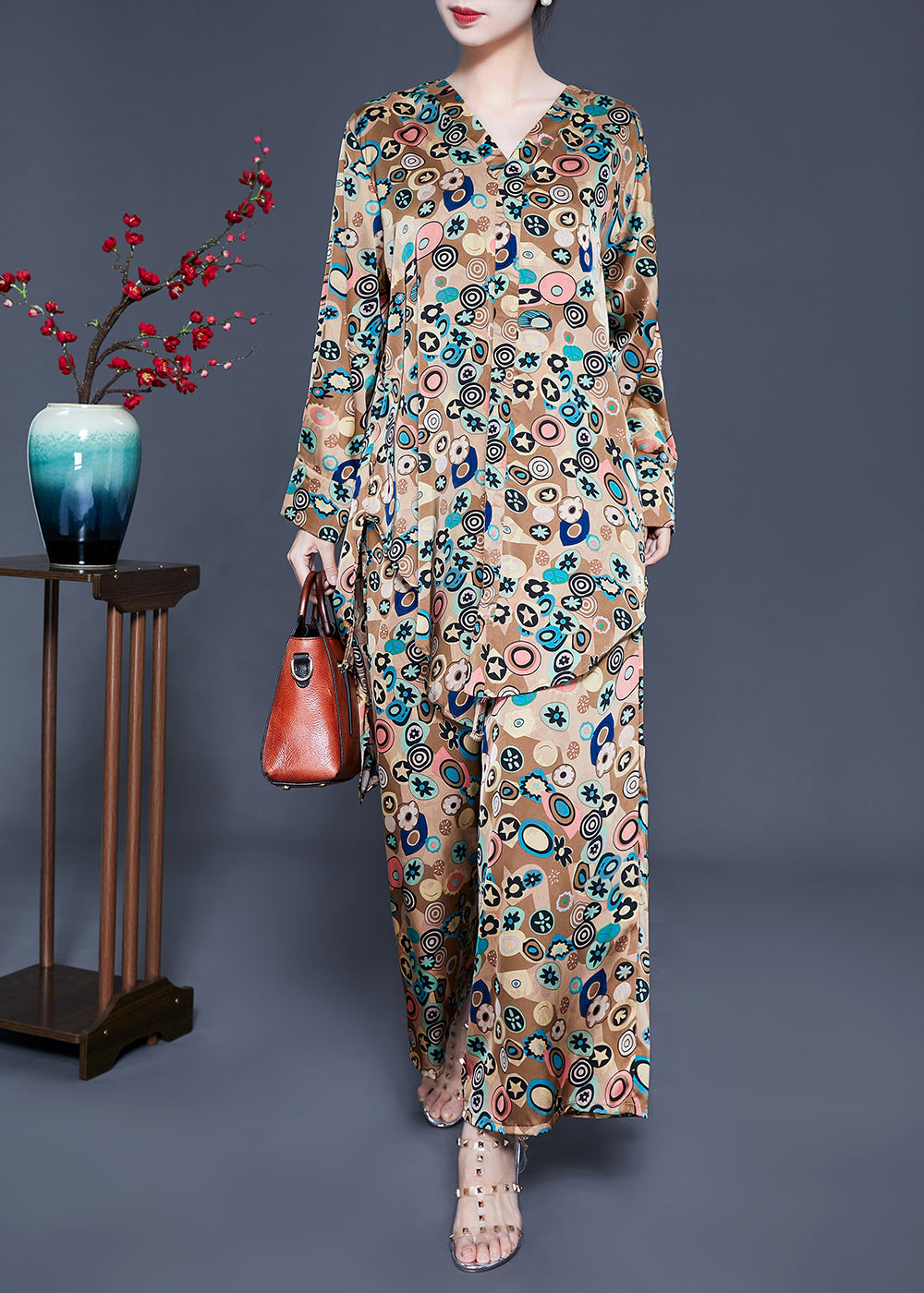 French Khaki Print Tie Waist Asymmetrical Design Silk Two-piece Set Summer