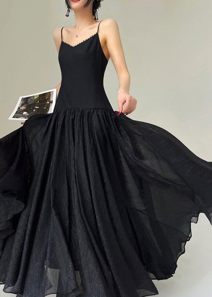 Black Nail Bead Patchwork Chiffon Spaghetti Strap Dress Sleeveless