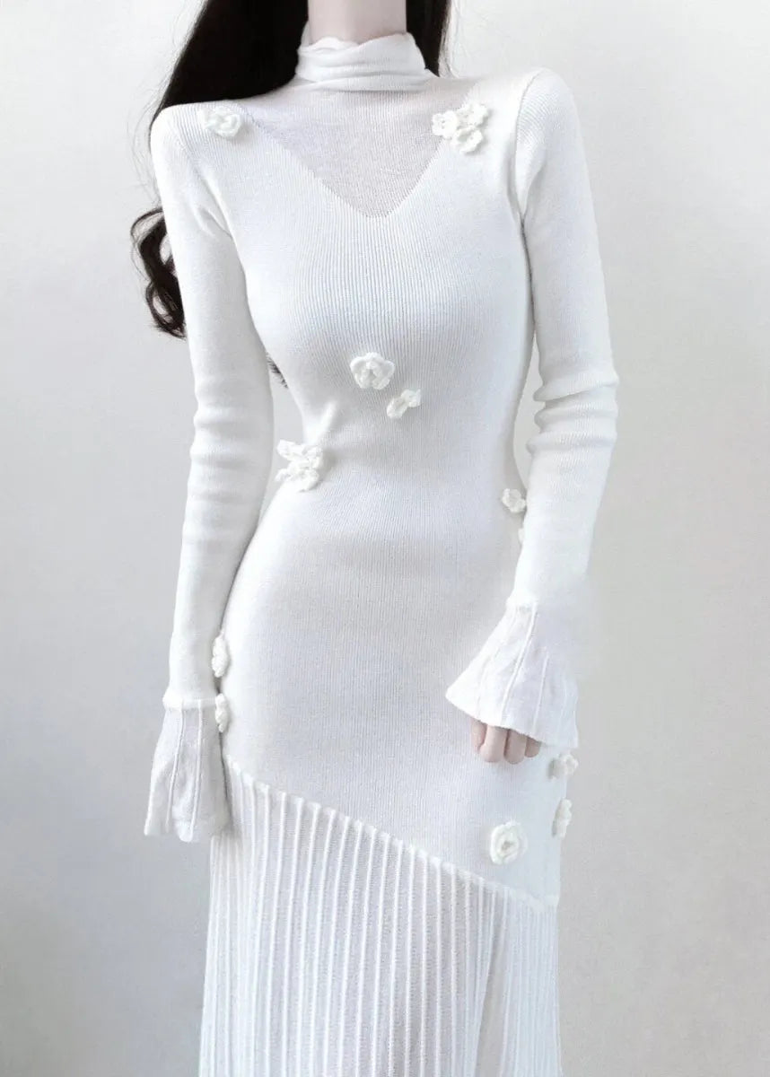 White Turtleneck Knit Patchwork Long Dresses Spring