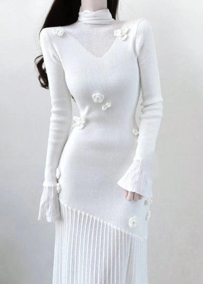 White Turtleneck Knit Patchwork Long Dresses Spring