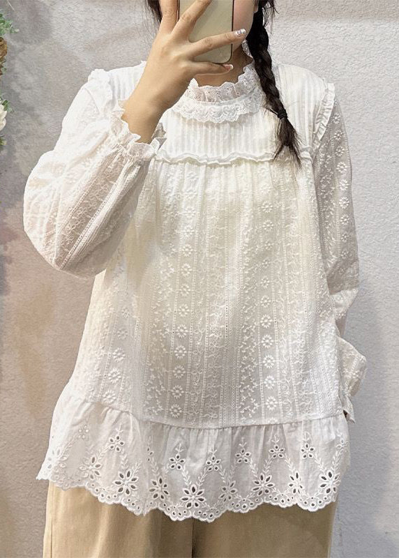 White Hollow Out Lace Patchwork Cotton Top Long Sleeve