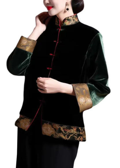 Loose Blackish Green Embroideried Button Silk Coats Long Sleeve