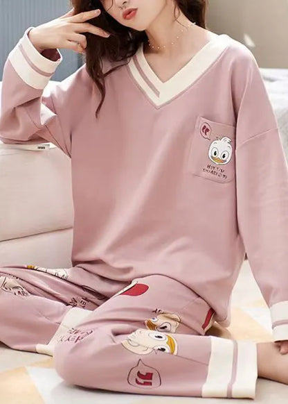 Pink Print Pockets Patchwork Cotton Pajamas Two-piece Set V Neck Fall