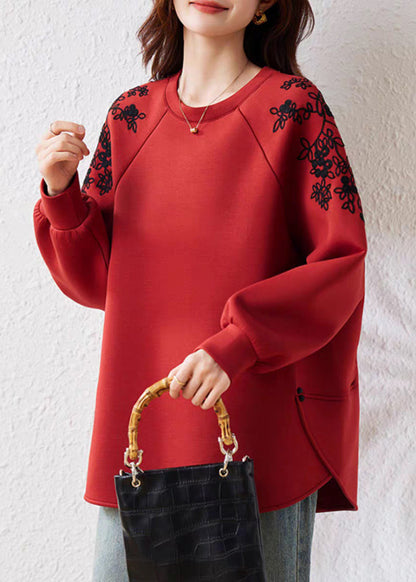 Red O Neck Print Cotton Sweatshirts Fall