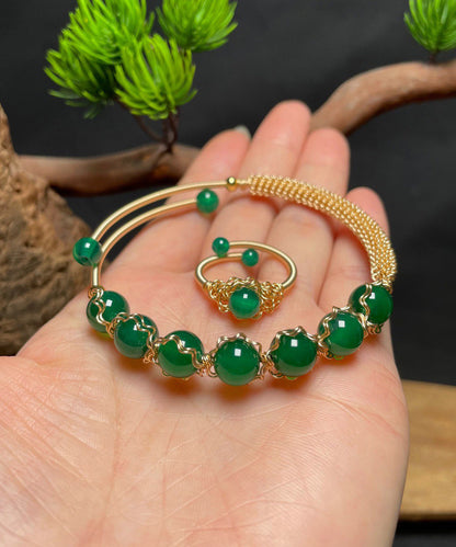 Classy Green Sterling Silver Overgild Agate Cuff Two Piece Set
