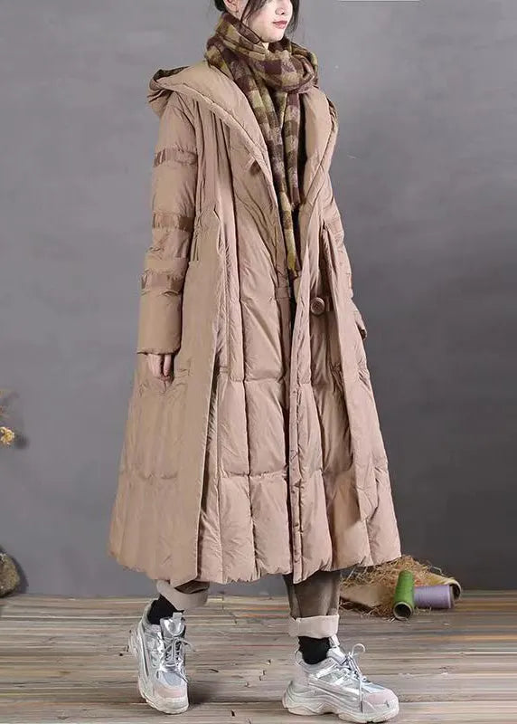 Khaki Hooded Tie Waist Patchwork Duck Down Long Coat Winter