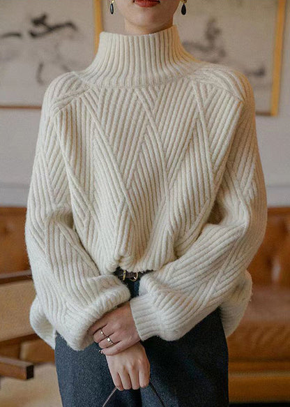 Beige Turtleneck Cozy Patchwork Cotton Knit Sweaters Fall
