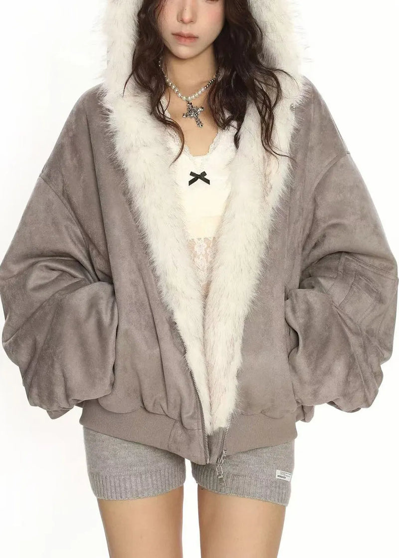 French Grey Wear on Both Sides Faux Suede Hooded Coats Winter