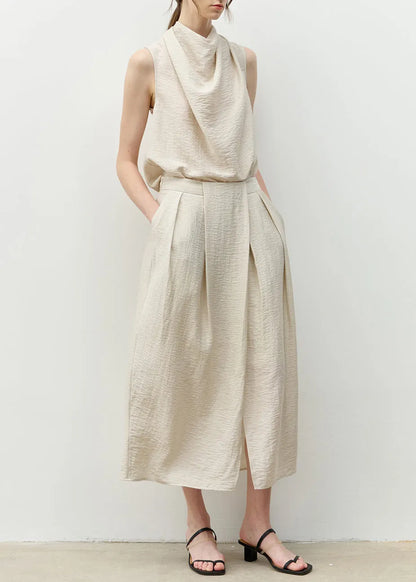 Blue Bow Asymmetrical Linen Top and Skirts Two Piece Set Sleeveless