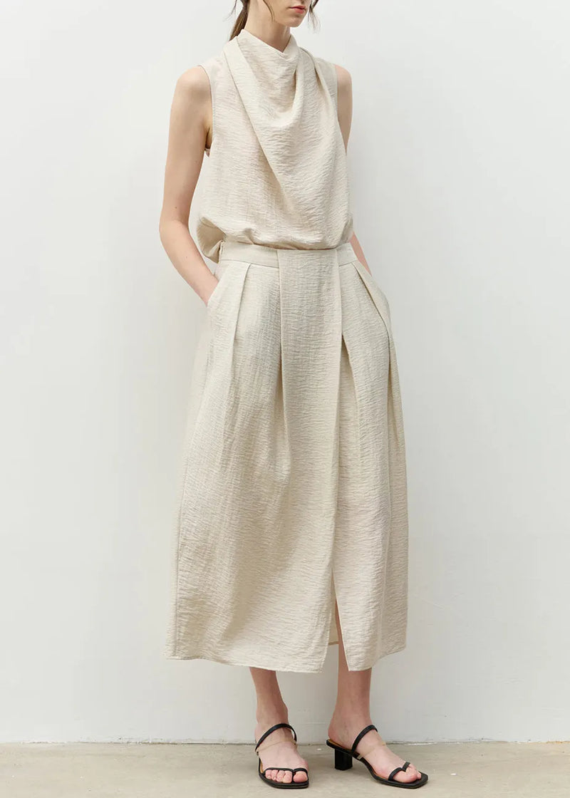 Blue Bow Asymmetrical Linen Top and Skirts Two Piece Set Sleeveless