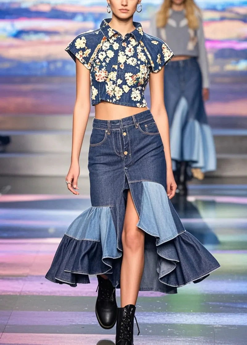 Blue Asymmetrical Patchwork Ruffles Denim Wraped Skirts Spring