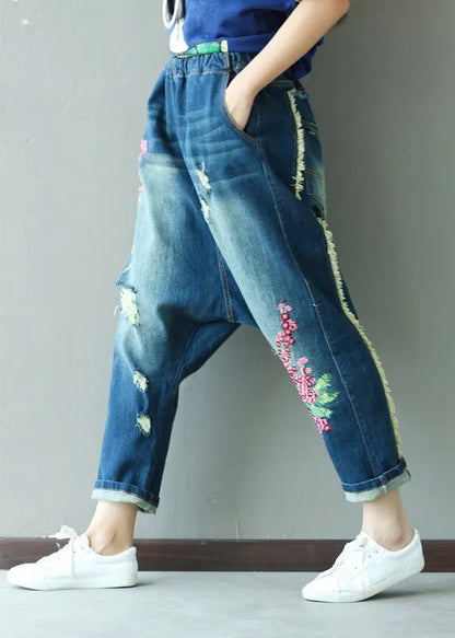 Boutique Dark Blue Embroideried Pockets Elastic Waist Ripped Jeans Spring