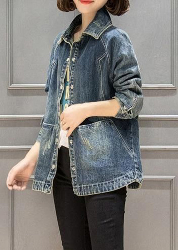 Blue Peter Pan Collar Pockets Patchwork Denim Coats Fall